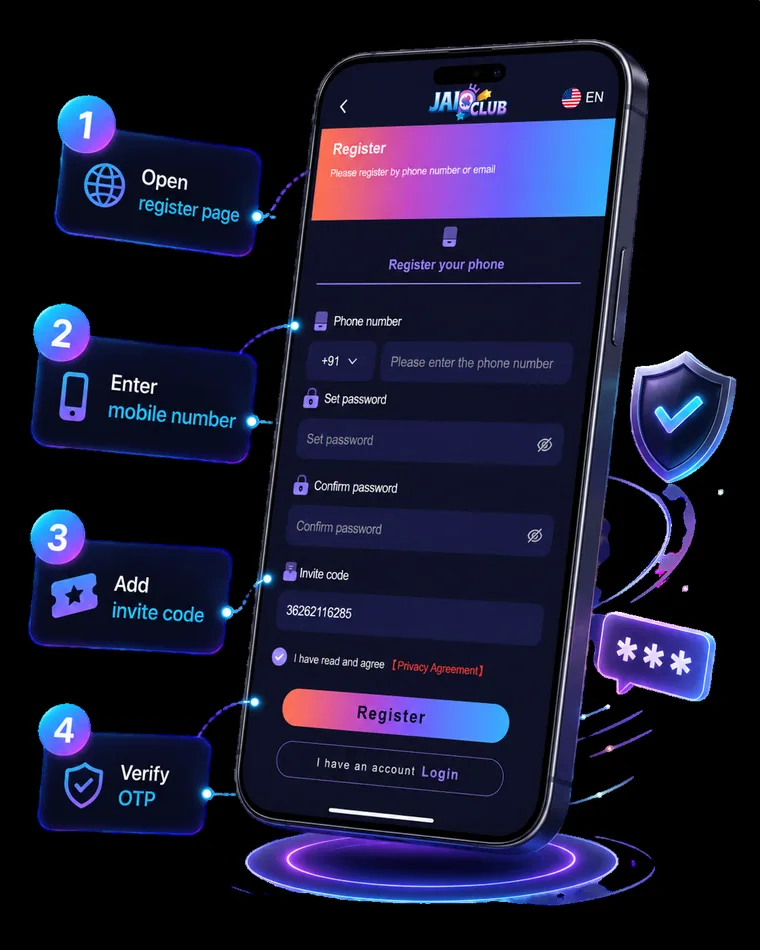 Jai Club register screen on mobile